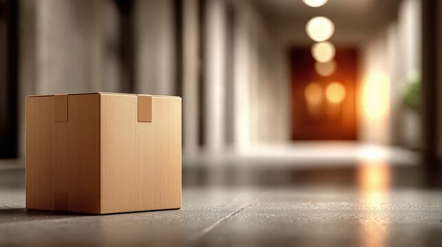 Stylish cardboard box awaits opening in sunlit hallway promising efficient deliveries and exciting unboxing experiences indoors