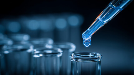 A pipette dripping blue liquid into a test tube with other tubes blurred in the background lab setting