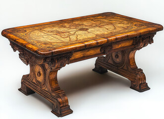 Intricately Carved Wooden Map Table with Antique World Map Design on Isolated White Background