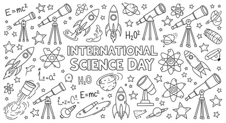 International science day typography surrounded by educational doodle elements. Hand drawn space exploration and scientific discovery symbols. Ideal for school events and learning materials