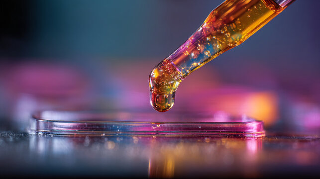 A close up shot of a pipette dripping yellow liquid into a petri dish with colorful background