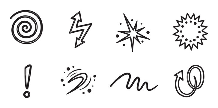 Hand drawn doodle icon set of comic expression symbols. Collection of abstract sketch elements for anger confusion and surprise. Black and white line art for graphic design