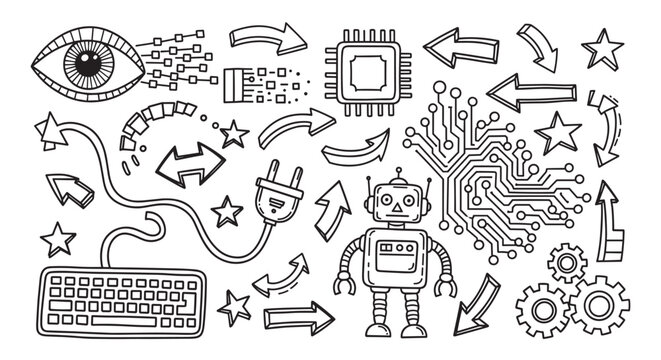Hand drawn technology doodle elements. Collection of artificial intelligence, computing, and data processing icons. Perfect for digital concepts, web design, and educational materials