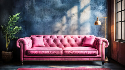 Modern pink velvet chesterfield sofa with cushions in stylish living room interior with textured dark wall and indoor plant under warm sunlight from window