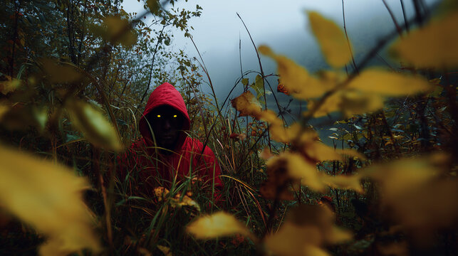 Mysterious figure with glowing eyes in red hood hidden among autumn foliage in eerie forest setting