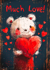 Cute Bear Holding Heart with Much Love Text, Illustrated Valentine's Day Card, Romantic and Whimsical Art, Dark Background with Red Hearts, Adorable Character Design, Emotional Gift Idea