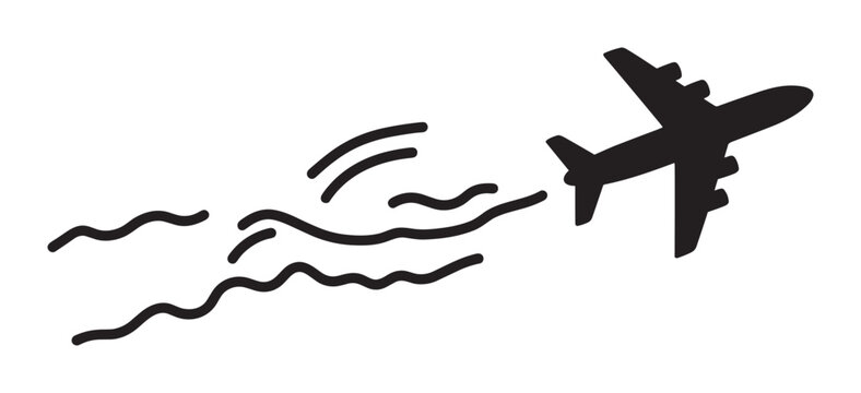 Hand drawn airplane icon with a flight path trail. Minimalist black silhouette symbol representing air travel, transportation, tourism and international vacation concepts