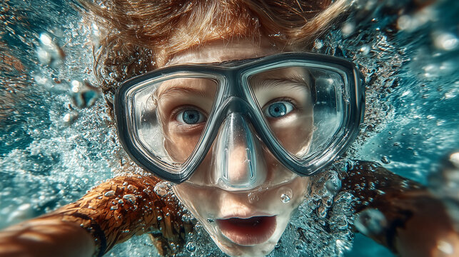 Excited child underwater wearing swim goggles, wide-eyed expression while snorkeling in clear blue water