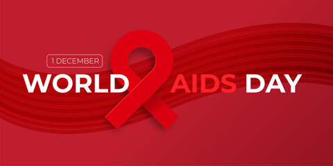 World AIDS DAY 1 december banner with red ribbon. World HIV awareness day starts in 1 December. Red ribbon with text isolated on abstract red background with waves. World AIDS Day poster