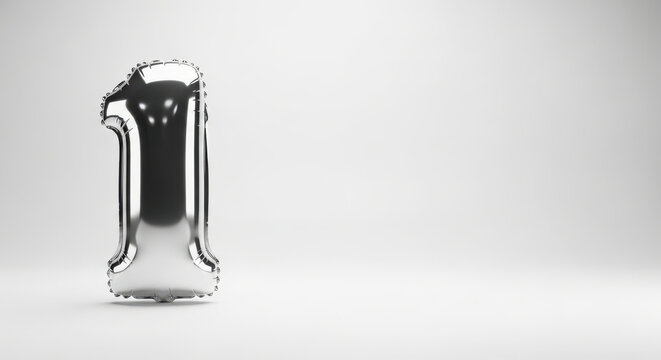 Shiny silver balloon number one against a simple light grey backdrop copy space - Powered by Adobe