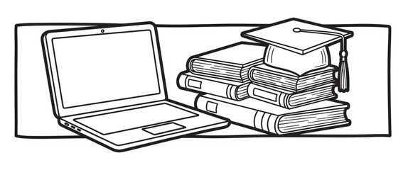 E-learning concept for online education with a laptop and textbooks. Graduation cap on a stack of books represents academic achievement. Hand drawn icon for distance learning courses