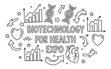 Biotechnology for health expo event concept. Scientific research and medical innovation with dna, heart, and growth charts. Hand-drawn outline design for healthcare promotion