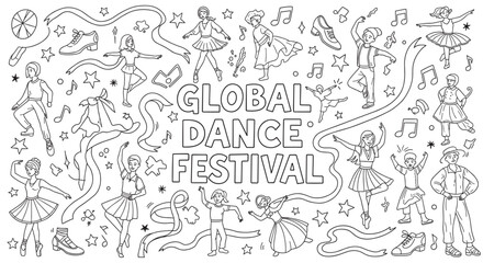 Fototapeta premium Diverse male and female adults and children dancing in various styles. Celebrating movement and music at a global festival. A fun outline coloring page
