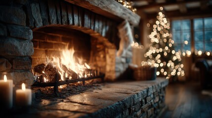Fototapeta premium Cozy fireplace with burning fire and blurred Christmas tree in the background, Hygge concept: Relaxing by the warm fire during Christmas, festive home interior