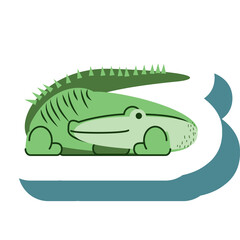 Illustration of a green alligator with a spiky tail and a teal curved shape on a white background