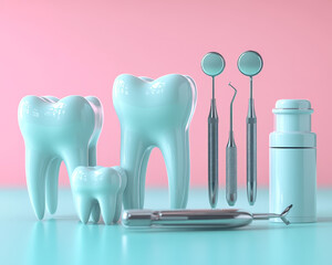 Dental care concept with three tooth models and professional cleaning tools on pastel background