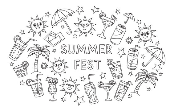 Summer fest doodle set with cute sun characters, tropical cocktails and beach elements. Black and white line art collection for coloring books, party invitations or decorations