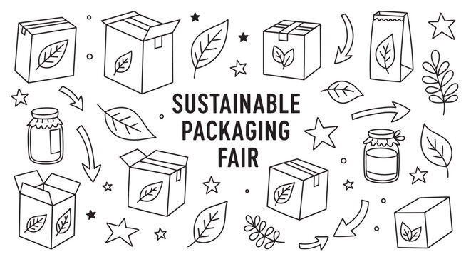 Collection of sustainable packaging icons featuring various eco-friendly boxes, bags, and jars with leaf symbols. Perfect for environmental product branding and green business concepts