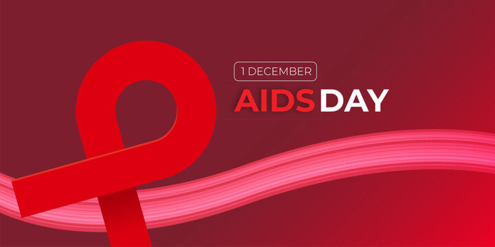 World AIDS DAY 1 december banner with red ribbon. World HIV awareness day starts in 1 December. Red ribbon with text isolated on abstract red background with waves. World AIDS Day poster