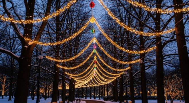 Festive winter park illuminated with Christmas lights and decorations