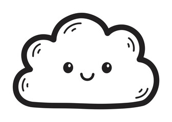 Fototapeta premium Adorable cloud character with a cute smiling face in a simple doodle style. Black and white line art icon for weather applications or children's educational materials