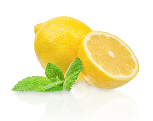 Fresh lemon with half cut and green mint leaves isolated on white background, citrus fruit with vibrant color and copy space for text, healthy food concept for advertising or banner
