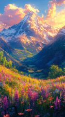 Vibrant alpine meadow bursting with colorful wildflowers under a dramatic sunset sky, with a majestic snow-capped mountain peak towering in the background, evoking natural beauty