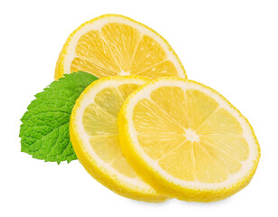 Fresh lemon slices with green mint leaves isolated on white background, juicy citrus fruit with copy space for text, healthy food and refreshing drink concept for advertising or banner