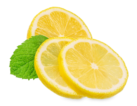 Fresh lemon slices with green mint leaves isolated on white background, juicy citrus fruit with copy space for text, healthy food and refreshing drink concept for advertising or banner