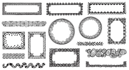 Obraz premium Set of hand drawn decorative borders and frames in a doodle style. Ornate sketch collection with swirls and floral patterns for page decoration or certificate design