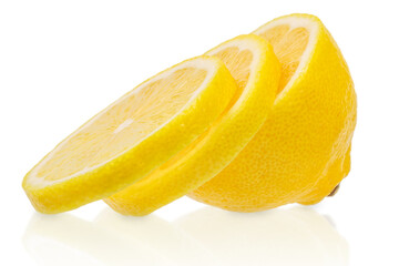 Sliced lemon isolated on white background, fresh juicy citrus fruit with bright yellow color and copy space for text, healthy food and vitamin c concept for advertising or banner