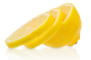 Sliced lemon isolated on white background, fresh juicy citrus fruit with bright yellow color and copy space for text, healthy food and vitamin c concept for advertising or banner