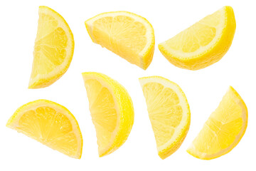 Set of fresh lemon wedges isolated on white background, juicy yellow citrus slices with vibrant color and copy space for text, healthy food and drink concept for advertising or banner