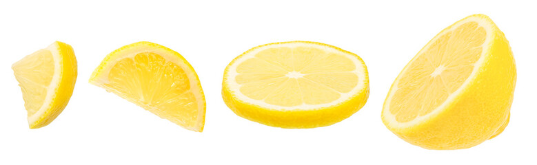 Different lemon pieces isolated on white background, fresh citrus wedges and slices arranged in a row with copy space for text, healthy food and vitamin c concept for advertising or banner