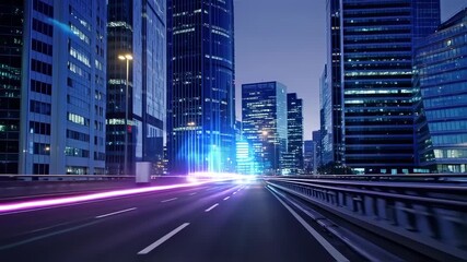 A night highway view of a cityscape. Tall buildings and light trails create a vibrant, futuristic scene - Powered by Adobe