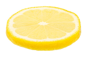 Single fresh lemon slice isolated on white background, juicy yellow citrus fruit with copy space for text, healthy food and vitamin c concept for advertising, banner, or design template
