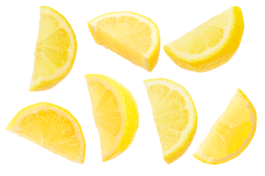 Set of fresh lemon wedges isolated on white background, juicy yellow citrus slices with vibrant color and copy space for text, healthy food and drink concept for advertising or banner