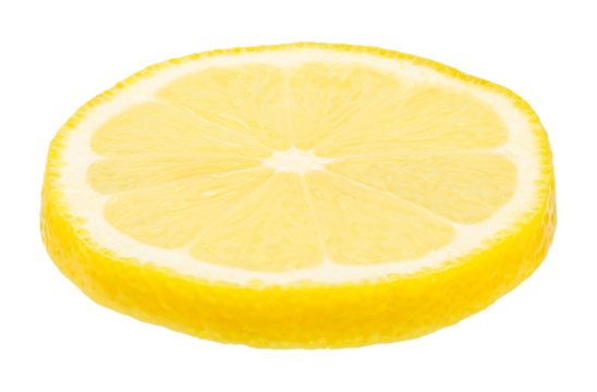 Single fresh lemon slice isolated on white background, juicy yellow citrus fruit with copy space for text, healthy food and vitamin c concept for advertising, banner, or design template