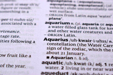 Fototapeta premium English Definition Dictionary Page Close Up Of Printed Word Of -aquarius