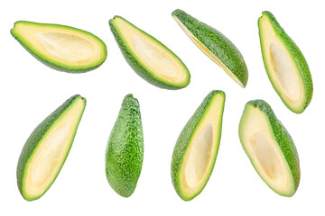 Set of fresh avocado halves without pits isolated, green tropical fruit rich in healthy fats and vitamins, clean food concept advertising or banner