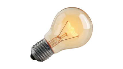 Bright light bulb glowing with filament visible isolated on white background