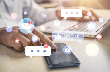 Multiple social media icons, likes, messages, and notifications representing online interaction, engagement, and digital communication Parse