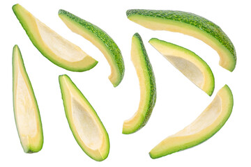 Set of fresh avocado slices isolated, green tropical fruit rich in healthy fats and vitamins, healthy organic food concept advertising or banner