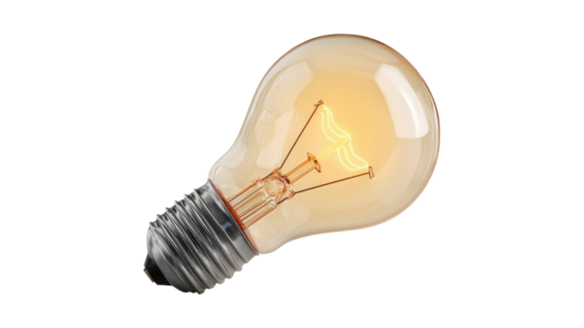 Bright light bulb glowing with filament visible isolated on white background