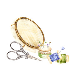watercolor handiwork tools, hand drawn sketch of embroidery with needlework accessory, scissors, flosses, yarn, pins, thimble, pincushion, embroidery frame, cozy home hobby, corner composition