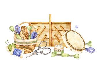 watercolor vintage wooden needlework box, basket with threads, yarn, scissors, pincushion, flosses, needle pad, needles, embroidery hoop, handiwork set, hand drawn sketch of accessory, cozy home hobby