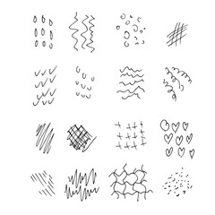 set of hand drawn abstract textures and patterns in minimalist doodle style. Various line and shape elements such as waves, crosses, dots, doodles and hearts. Vector illustration on white background.