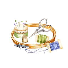 watercolor handiwork tools, hand drawn sketch of embroidery needlework accessory, embroidery frame, hoop, scissors, flosses, yarn, pins, thimble, pincushion, embroidery frame, cozy home hobby