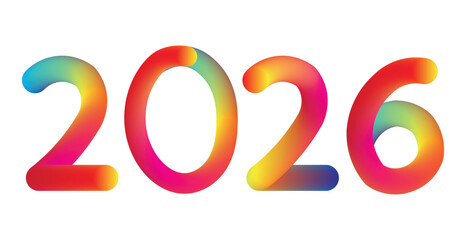 Modern 2026 text design with abstract gradient line icon, vibrant colorful typography concept for New Year banner, poster, or graphic design, futuristic digital art isolated on transparent background