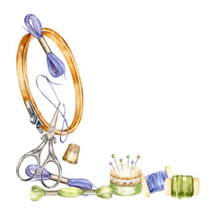 watercolor handiwork tools, hand drawn sketch of embroidery needlework accessory, embroidery frame, hoop, scissors, flosses, yarn, pins, thimble, pincushion, embroidery frame, cozy home hobby